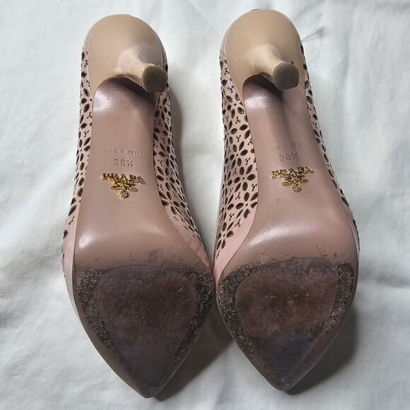 Prada Womens Vernice Cipria Blush Nude Pink Laser Cut Floral High Heels 38.5 - Picture 7 of 15